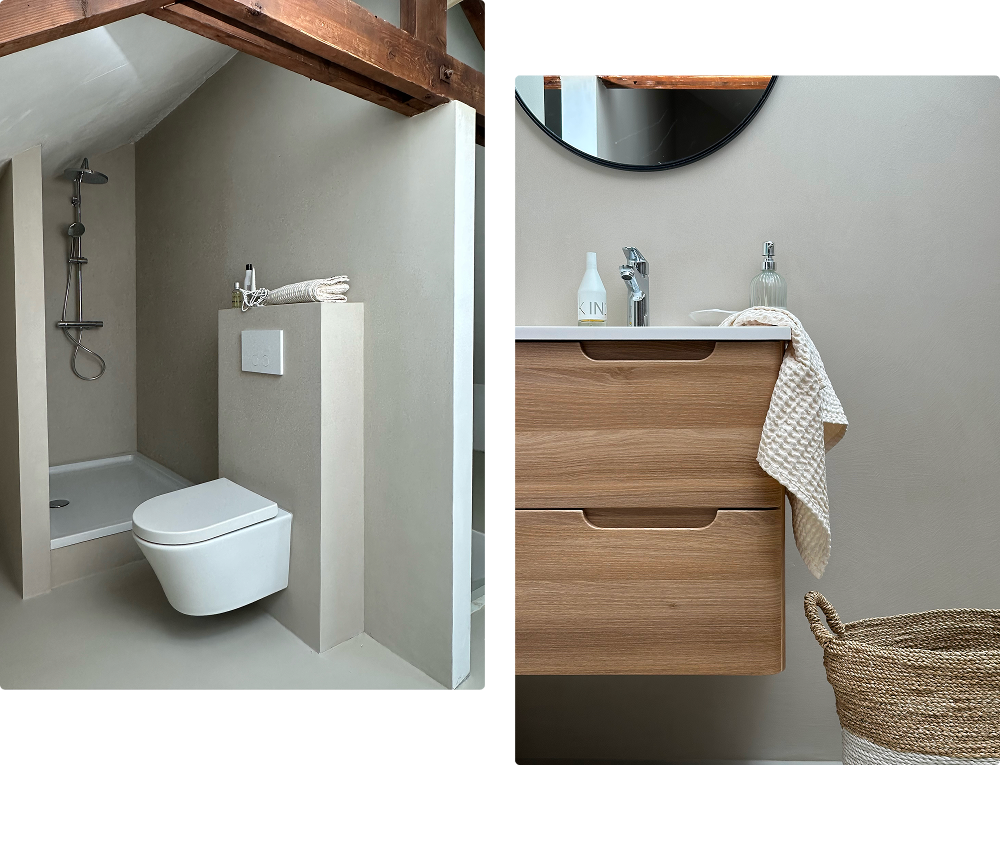 Collage eines Gästebads von X²O Badezimmer mit Dusche und wandhängendem WC links sowie Holzwaschtisch, rundem Spiegel und Flechtkorb rechts.