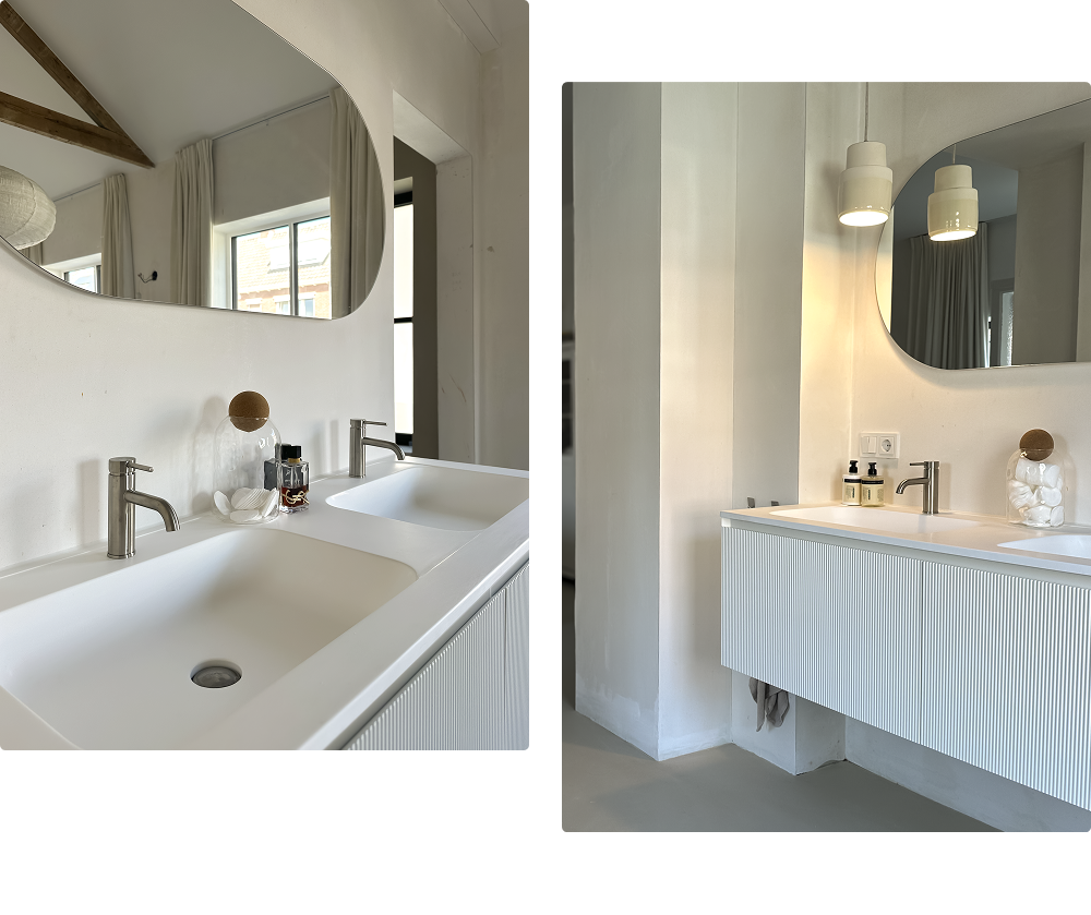 Modernes Badezimmer von x²o Badezimmer mit Balmani Cloud Oval Spiegel, weißem Waschbecken und minimalistischer beigefarbener Einrichtung.