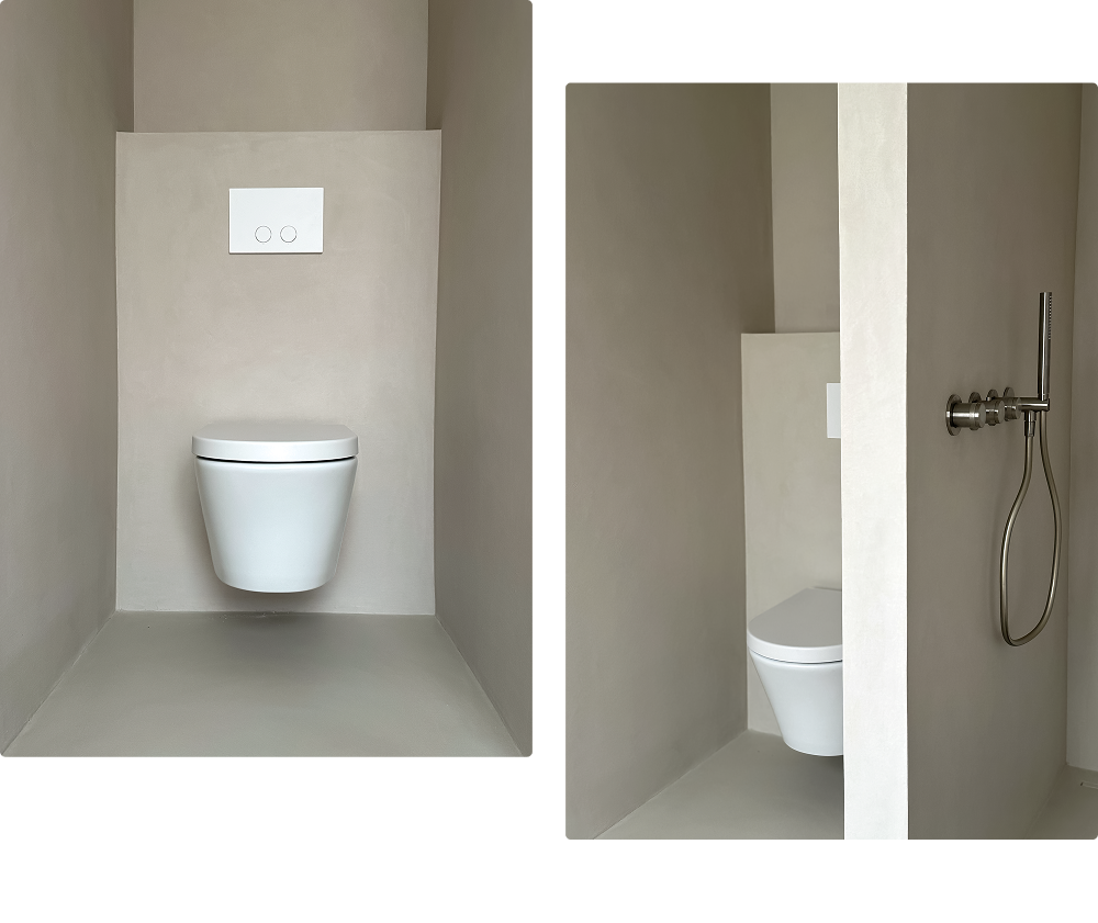 Minimalistischer Toilettenraum von x²o Badezimmer mit Luca Varess Calibro Hänge-WC und hellbeigen Wänden.