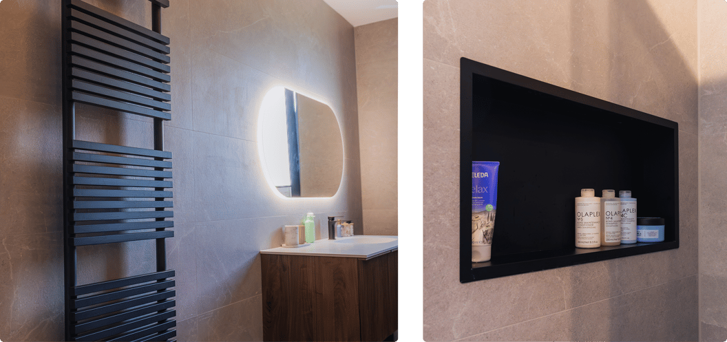 Gauche : Radiateur design noir à côté d’un meuble vasque en bois et miroir ovale éclairé. Droite : Niche intégrée avec produits de soins encadrée en noir.