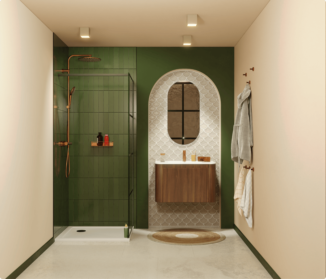 Salle de bains tendance avec carrelage mural vert, meuble en bois et miroir ovale – de la couleur dans votre salle de bains. Tendances salle de bains 2026.