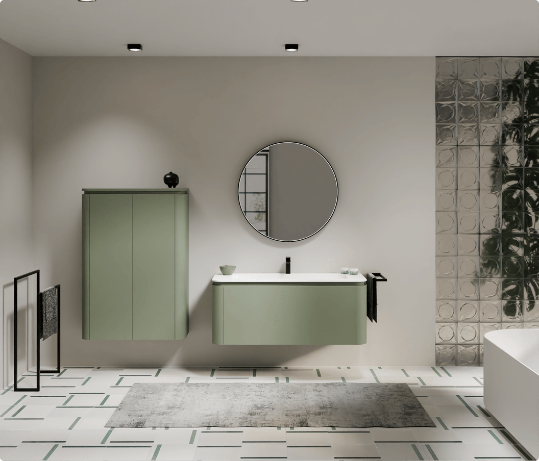 Salle de bains avec formes douces arrondies, tons beiges et douche intégrée – élégance naturelle. Tendances salle de bains 2026.