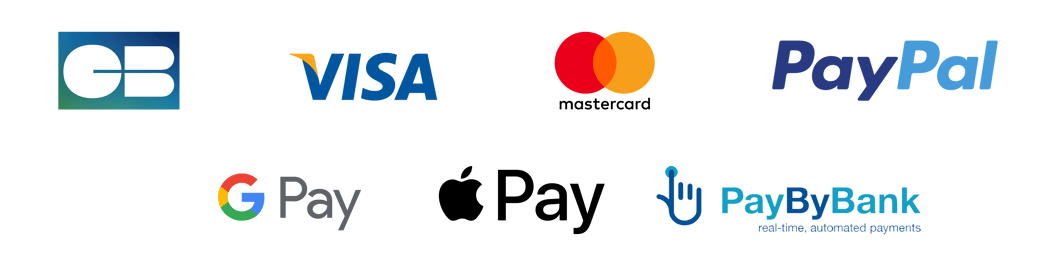 Logos des moyens de paiement: Carte Bancaire, Visa, Mastercard, PayPal, Google Pay et PayByBank.