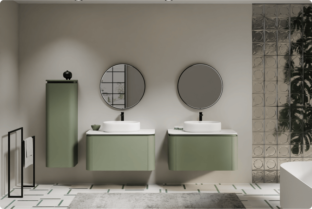 Badkamer met groene, afgeronde meubels, witte waskom, ovale spiegel en zwarte details. Botanische stijl van x²o badkamers