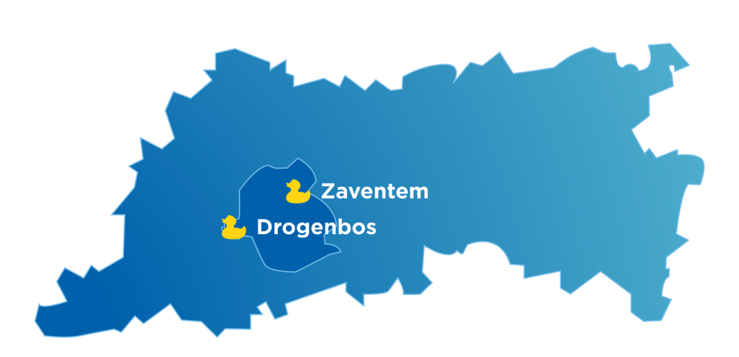 Blauwe kaart van de provincie Brussel met x²o badkamers showrooms aangeduid in Zaventem en Drogenbos.