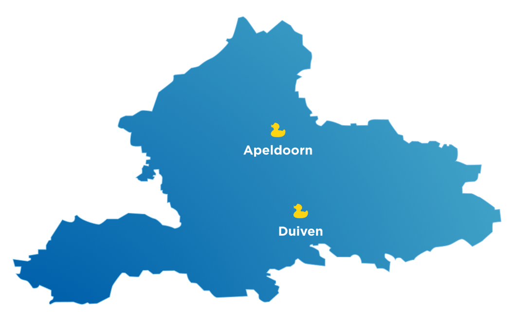 Blauwe kaart van Gelderland met x²o badkamers showrooms aangeduid in Apeldoorn en Duiven.
