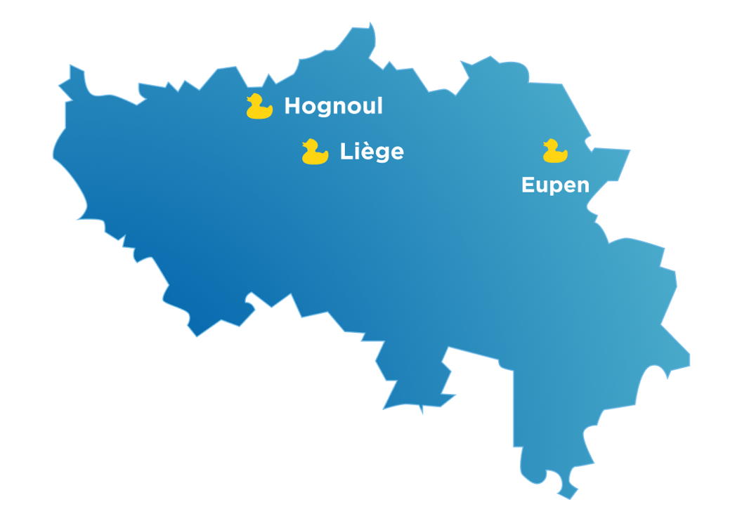 Carte bleue de la province de Liège avec les showrooms x²o salles de bains à Hognoul, Liège et Verviers.