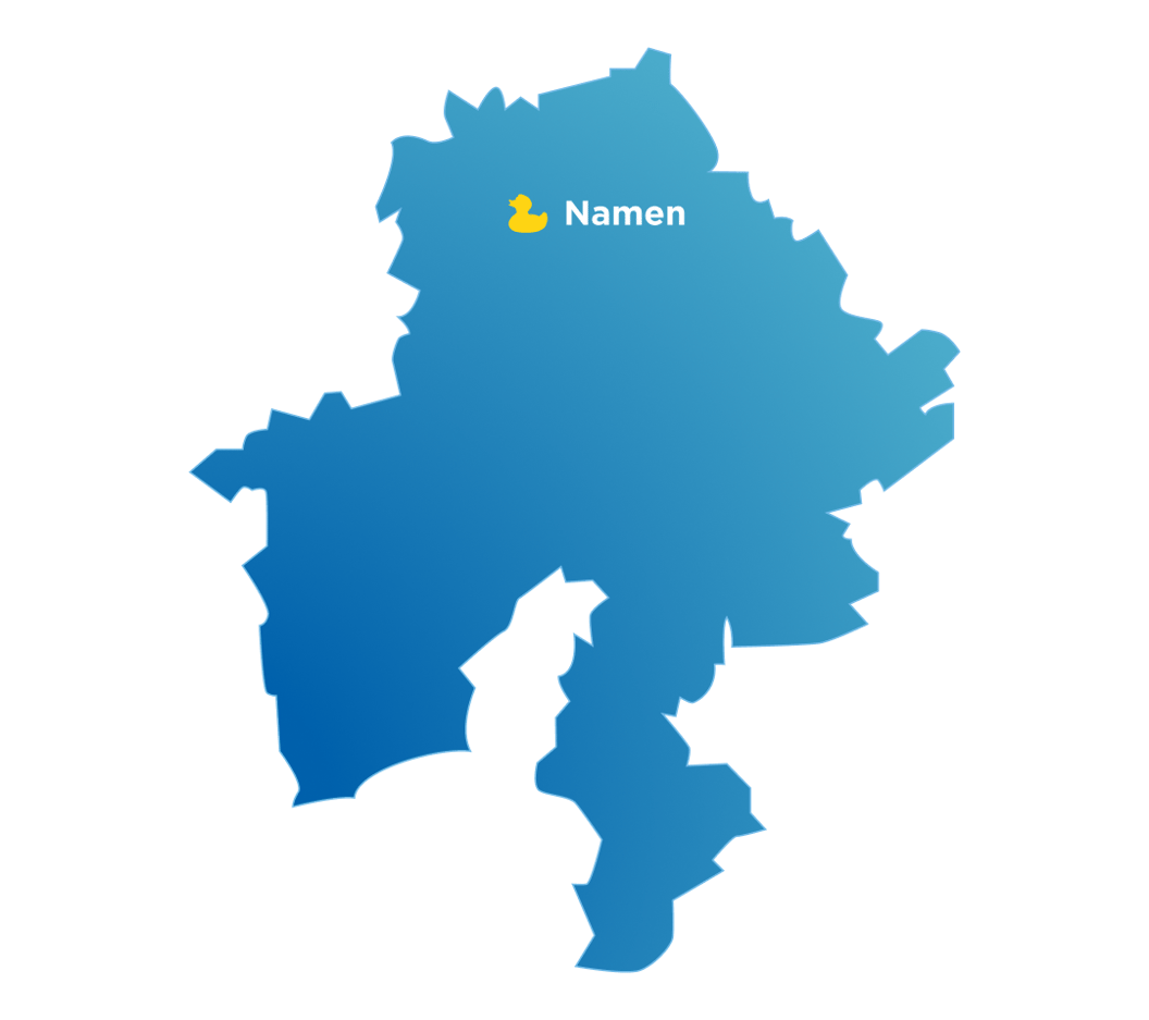 Carte bleue de la province de Namur avec le showroom x²o salles de bains indiqué à Namur.