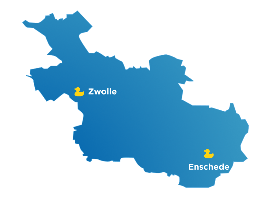 Blauwe kaart van Overijssel met x²o badkamers showrooms aangeduid in Zwolle en Enschede.