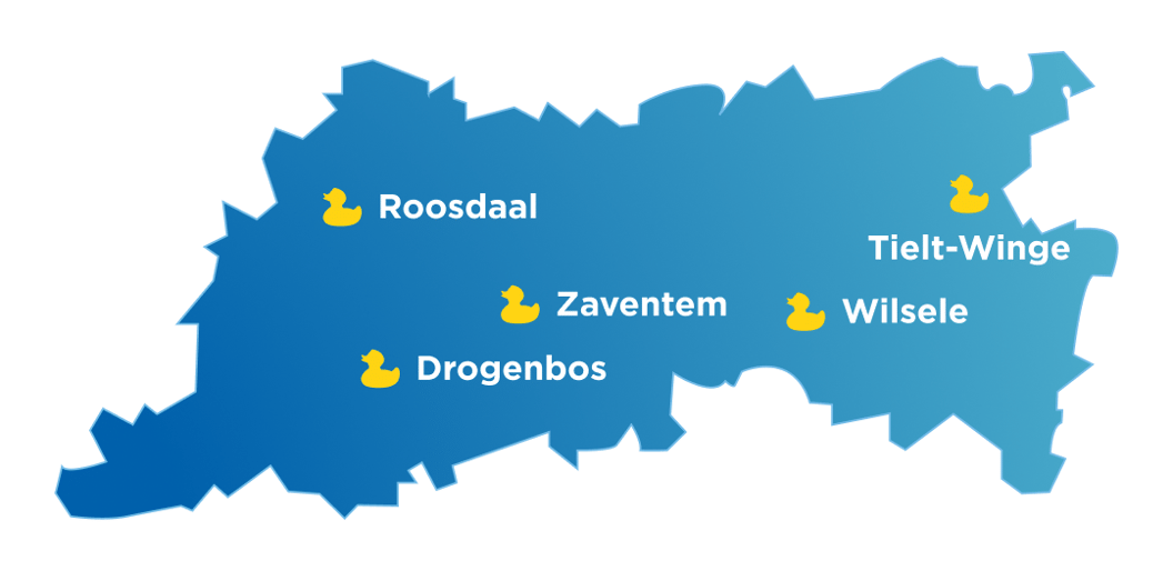Blauwe kaart van Vlaams-Brabant met x²o badkamers showrooms aangeduid in Roosdaal, Drogenbos, Zaventem, Tielt-Winge en Wilsele.