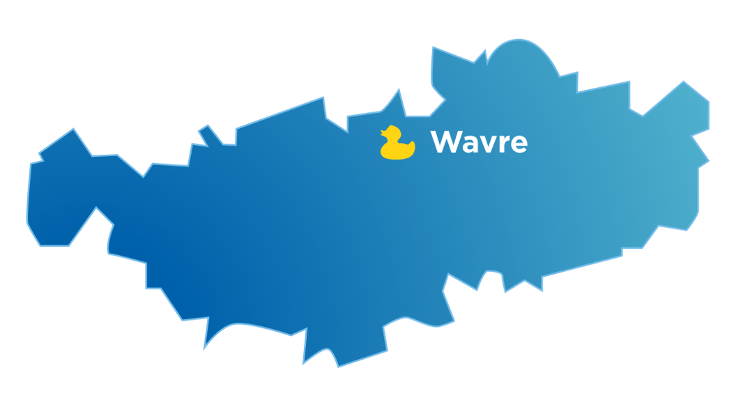 Blauwe kaart van Waals-Brabant met x²o badkamers showroom aangeduid in Wavre.