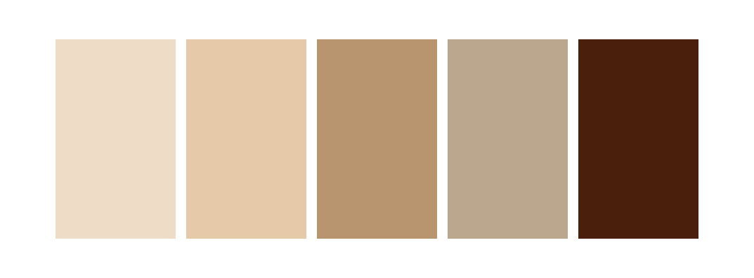 Palette de couleurs x²o salles de bains composée de cinq tons naturels allant du beige clair au brun chaud foncé, servant de base à un design de salle de bains apaisant.