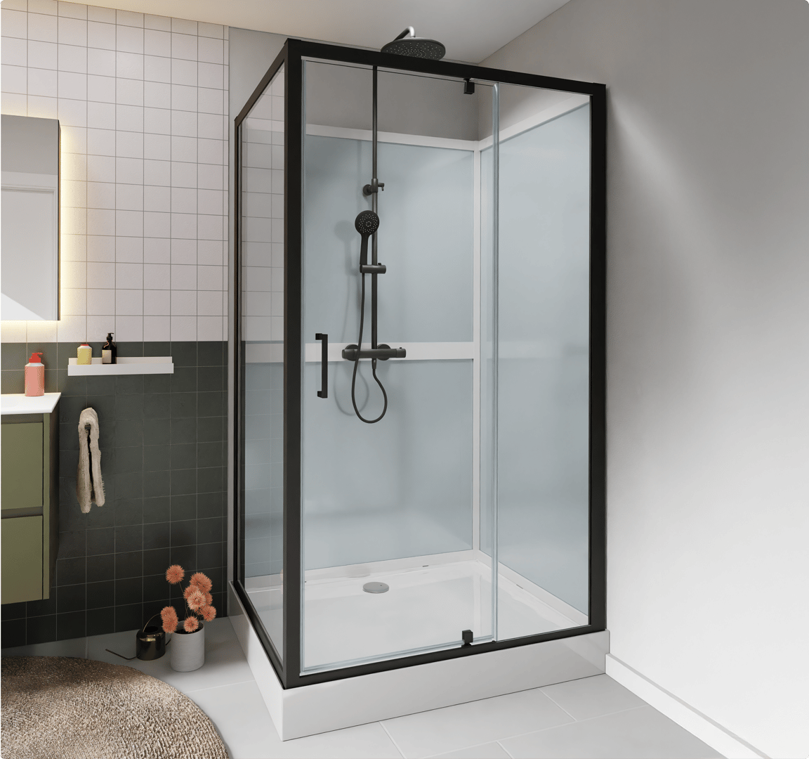 Stilvolle Duschkabine mit schwarzem Rahmen und Glasschiebetür – erhältlich bei X²O Badkamers.