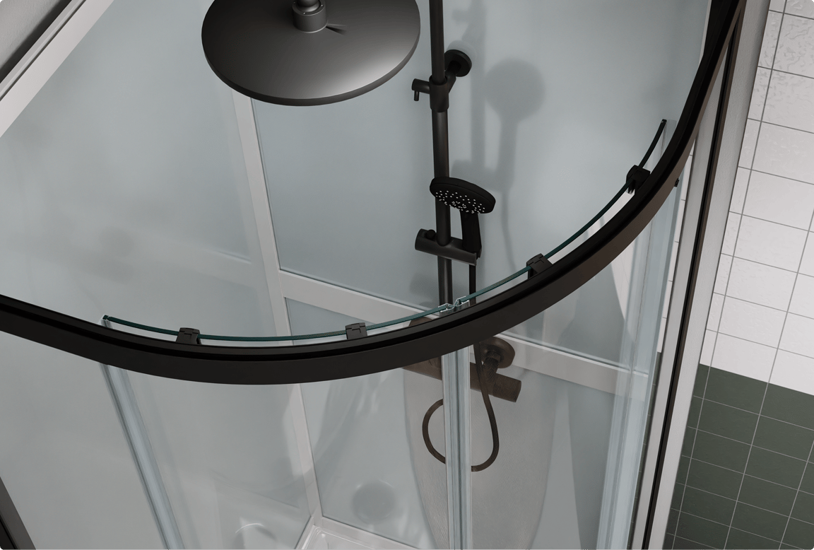 Viertelrunde Duschkabine mit schwarzem Regenduschkopf in elegantem Design, erhältlich bei X²O Badezimmer