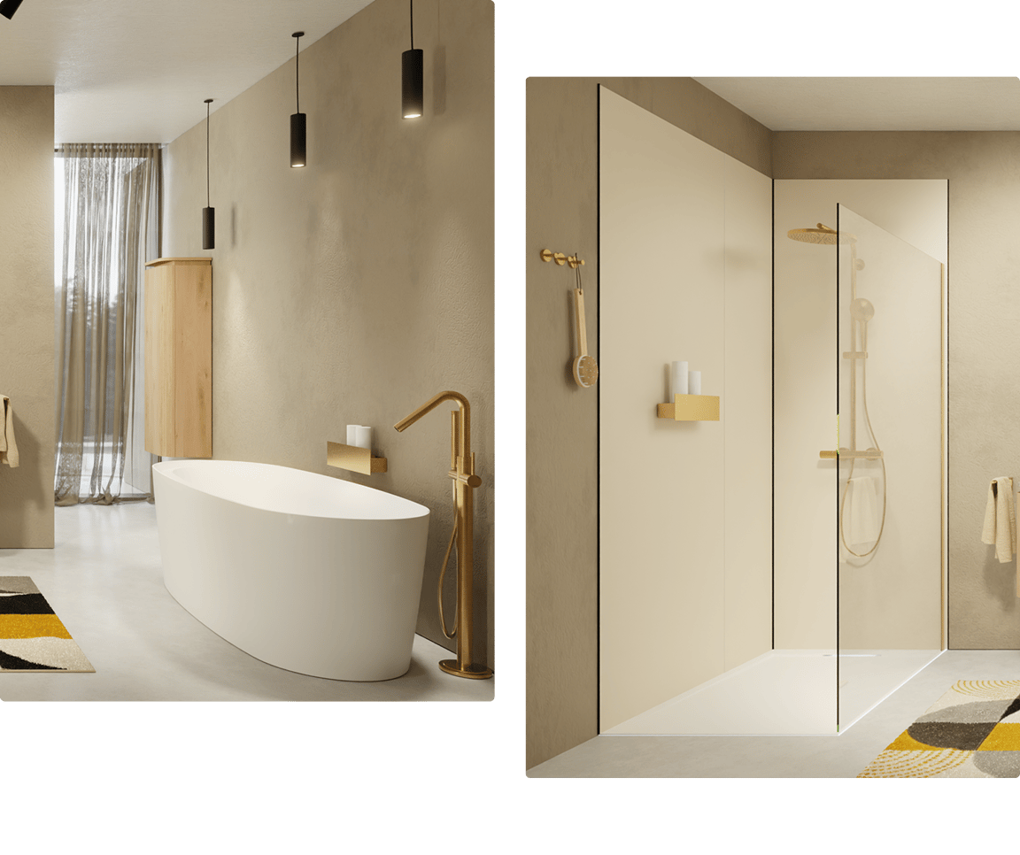 Vue d’ensemble d’une salle de bains Japandi de X²O avec baignoire îlot, robinet doré, murs beiges et douche vitrée avec pommeau pluie doré et accessoires en bois.