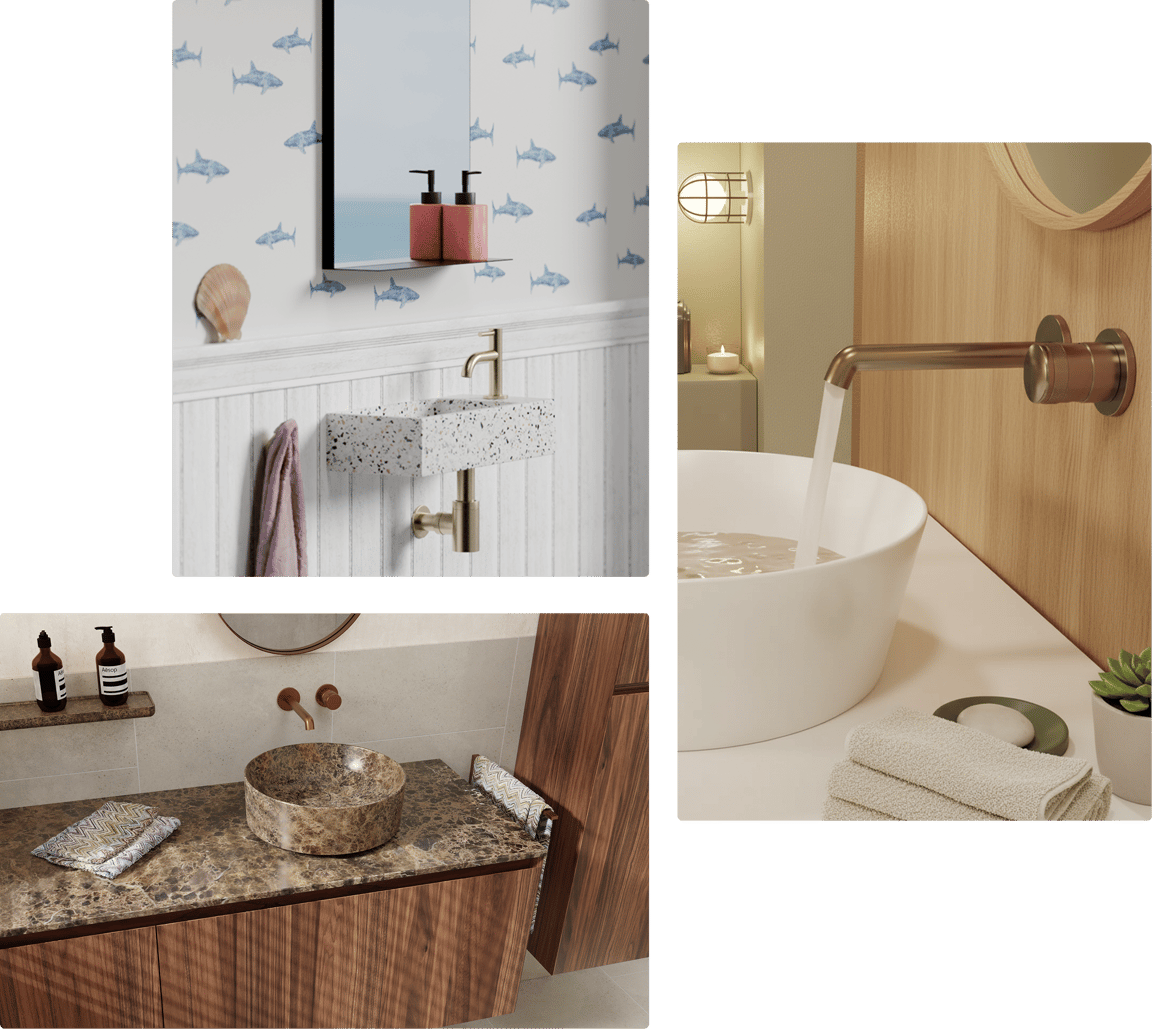 Différents styles de lavabos et robinets comme source d'inspiration pour les tendances salle de bains 2026 chez X²O Salles de bains