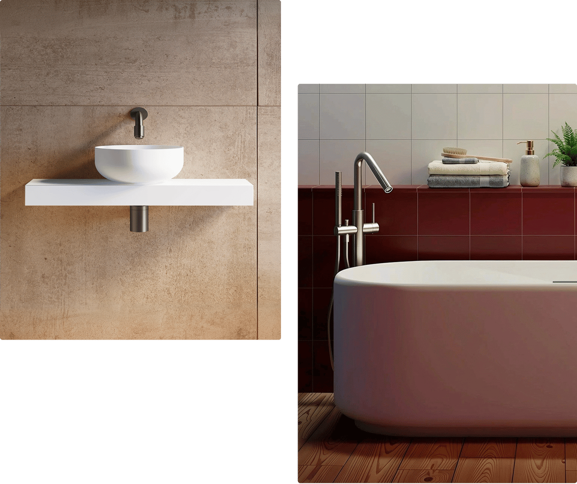 Salle de bains avec carrelage mural rouge et blanc, baignoire îlot blanche et robinet mural en gunmetal. Une interprétation audacieuse des couleurs tendance 2026 de X²O Salle de bains.