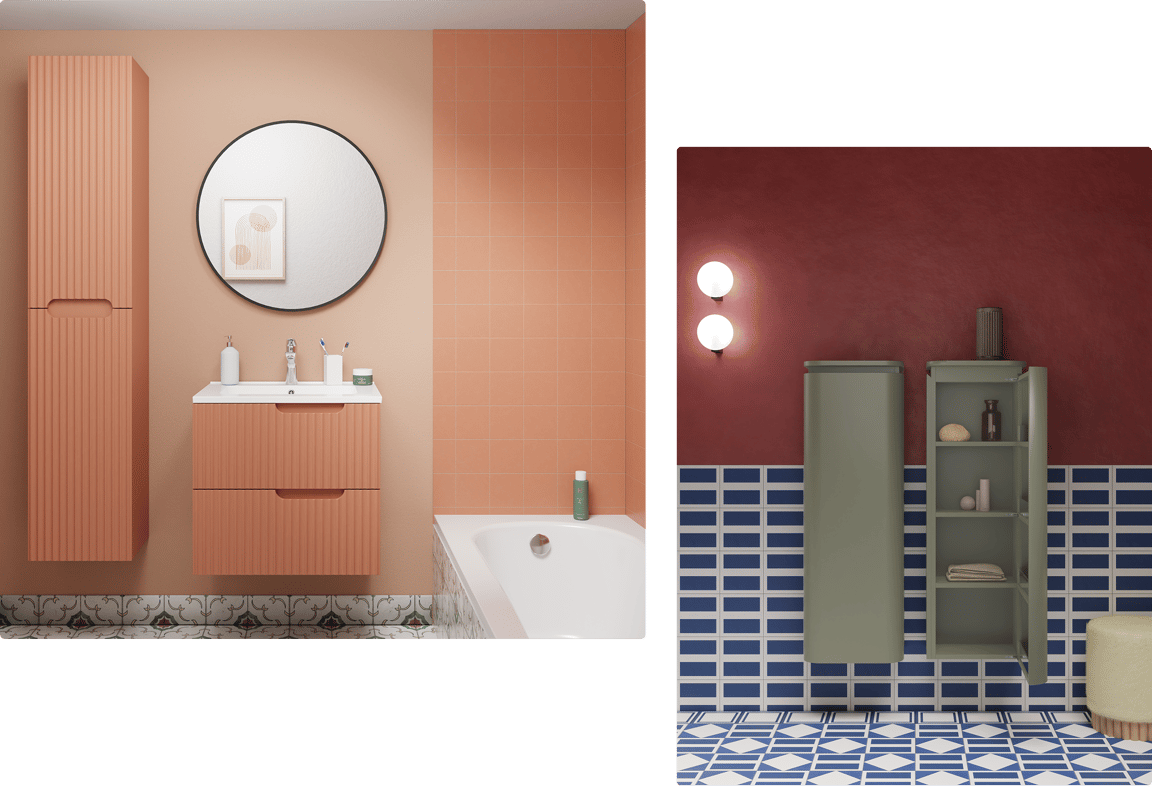 Salle de bains aux tons terreux et accents colorés, en ligne avec les tendances salle de bains 2026 de X²O Salles de bains