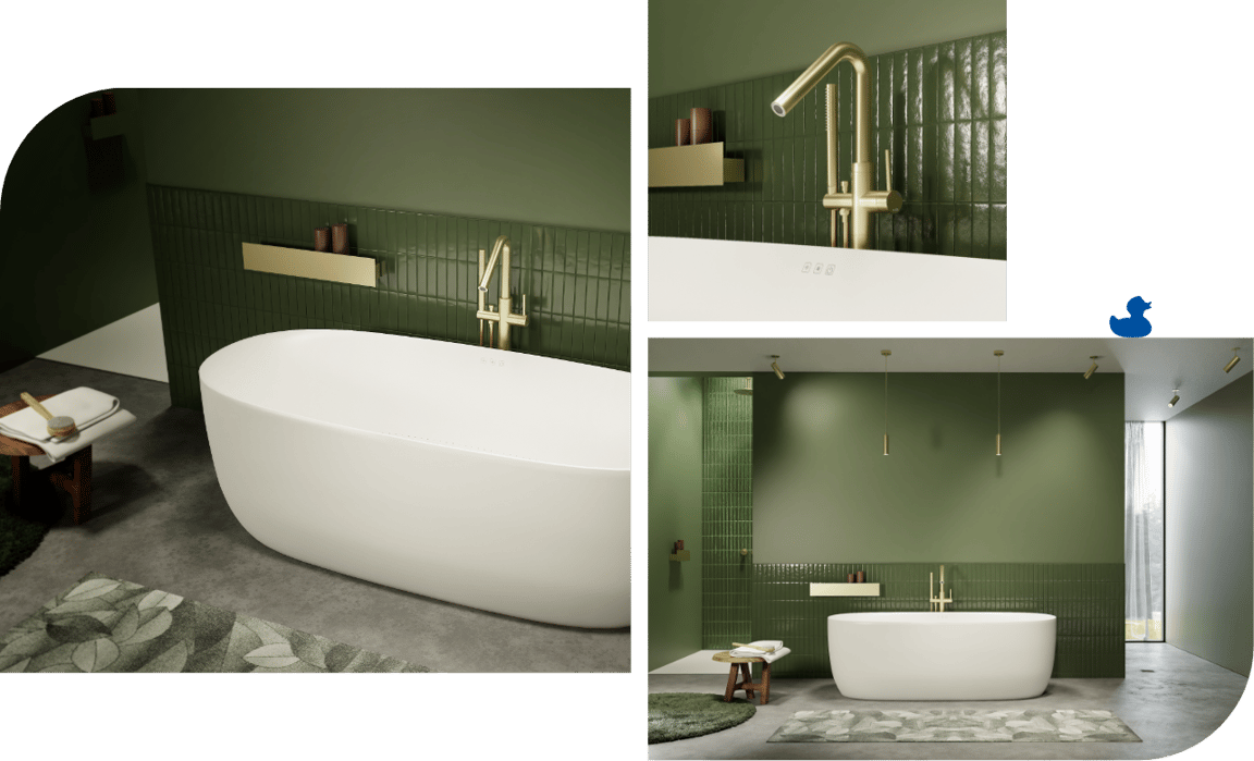 Présentation élégante de la baignoire Bolla de x²o salles de bains dans une salle de bains spacieuse aux tons verts. La baignoire blanche îlot est mise en valeur avec des robinetteries dorées, des carreaux verts et un tapis décoratif à motifs végétaux.