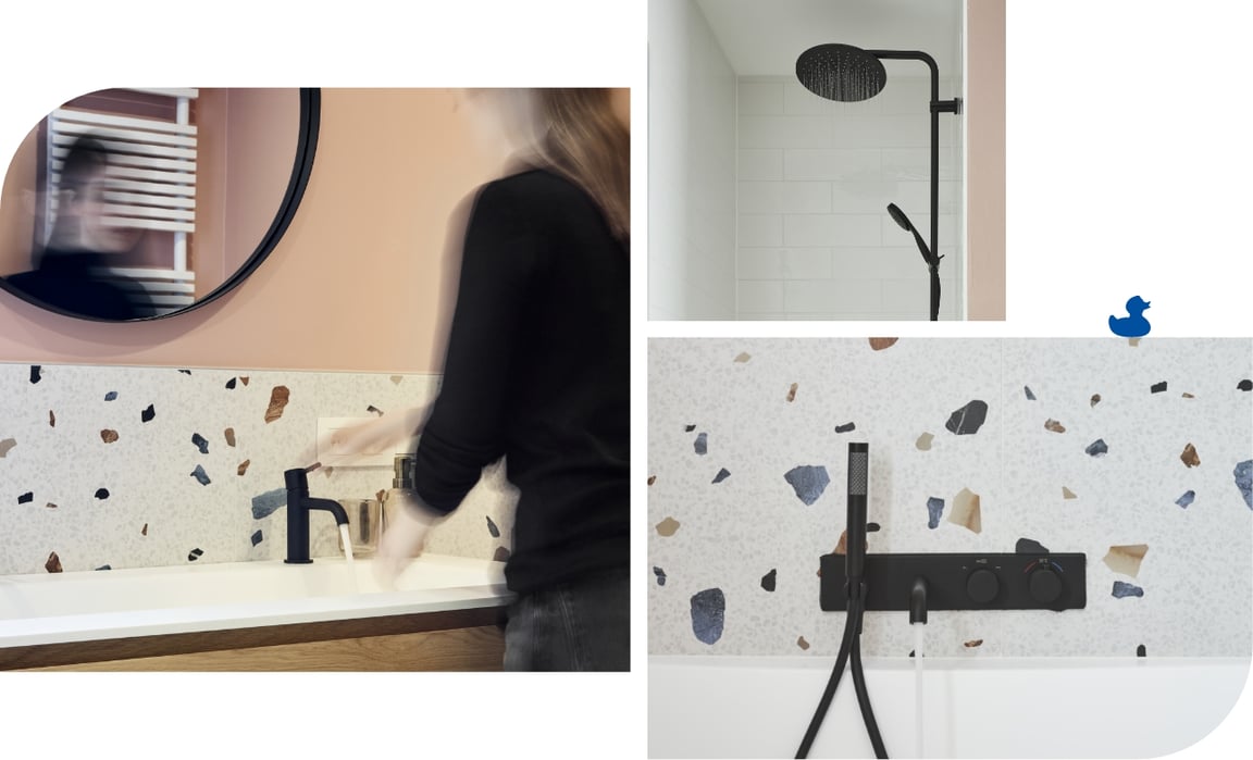 Salle de bains contemporaine avec robinet économe en eau au-dessus d’une vasque blanche, illustrant les solutions durables proposées par x²o salles de bains.