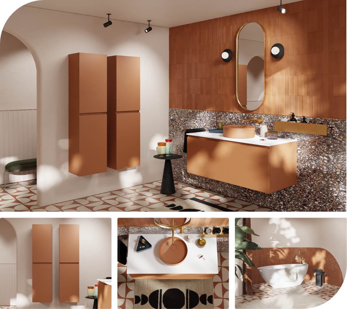 Salle de bains moderne avec des meubles de couleur terre cuite, des carreaux géométriques et une baignoire autoportante.