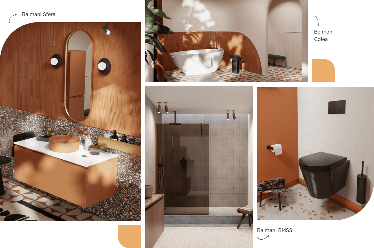 Modernes Badezimmer mit orangen Akzenten, freistehender Badewanne, Waschbeckenmöbel und Walk-in-Dusche.