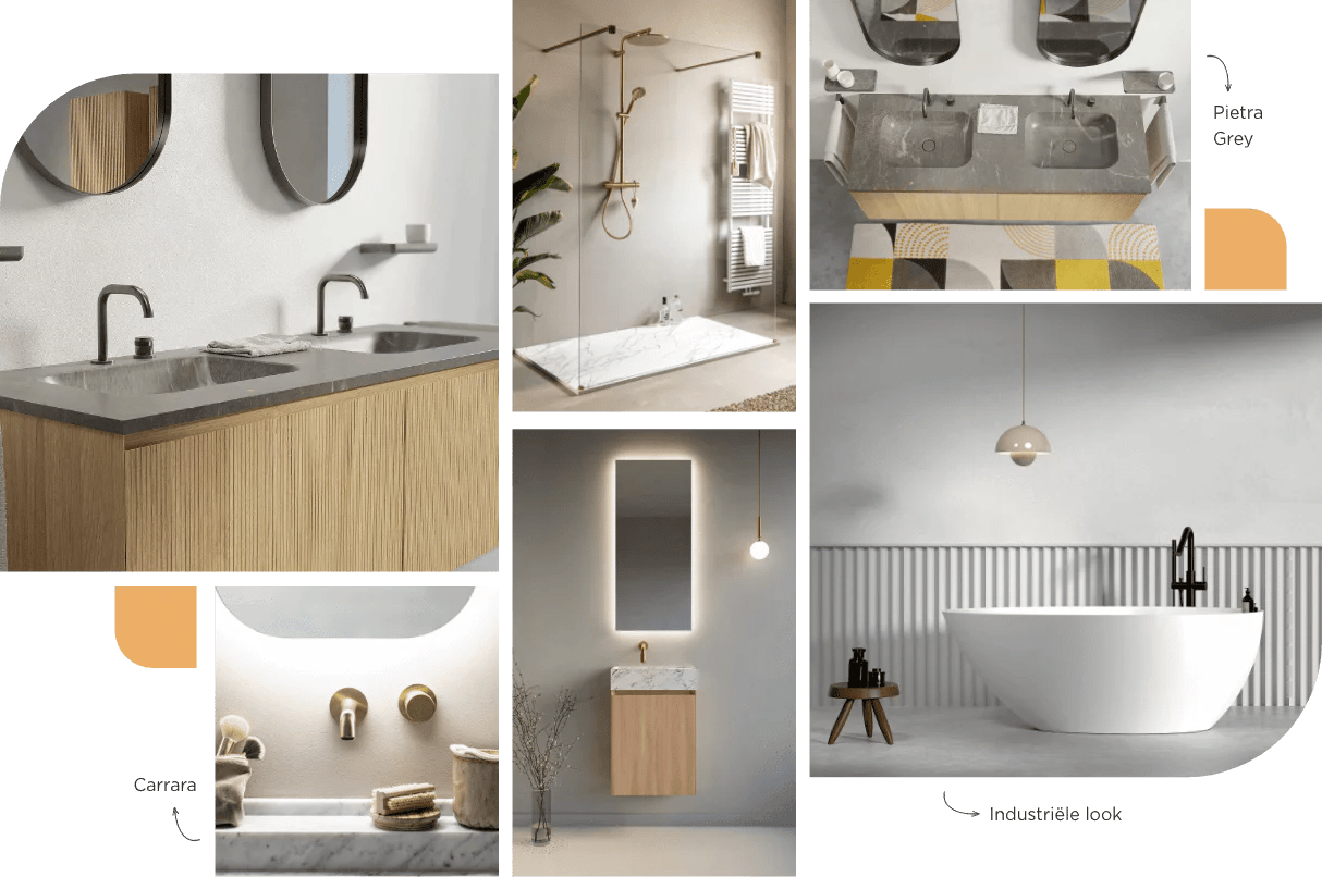 Inspiratie voor moderne badkamers met houten wastafels, marmeren accenten, inloopdouche en vrijstaand bad.