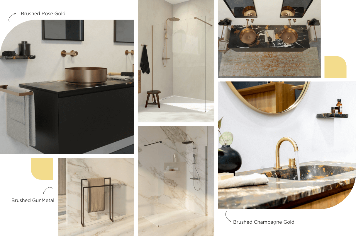 Luxuriöse Badezimmerinspiration mit Marmorwaschtischen, Kupferarmaturen und goldenen Akzenten für eine edle Optik.
