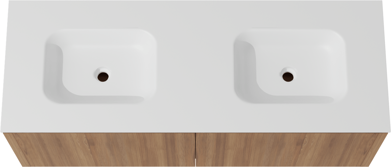 Balmani Eclips meuble salle de bains suspendu 150 x 55 cm Teck avec Tablo Arcato double vasque en Solid Surface blanc mat