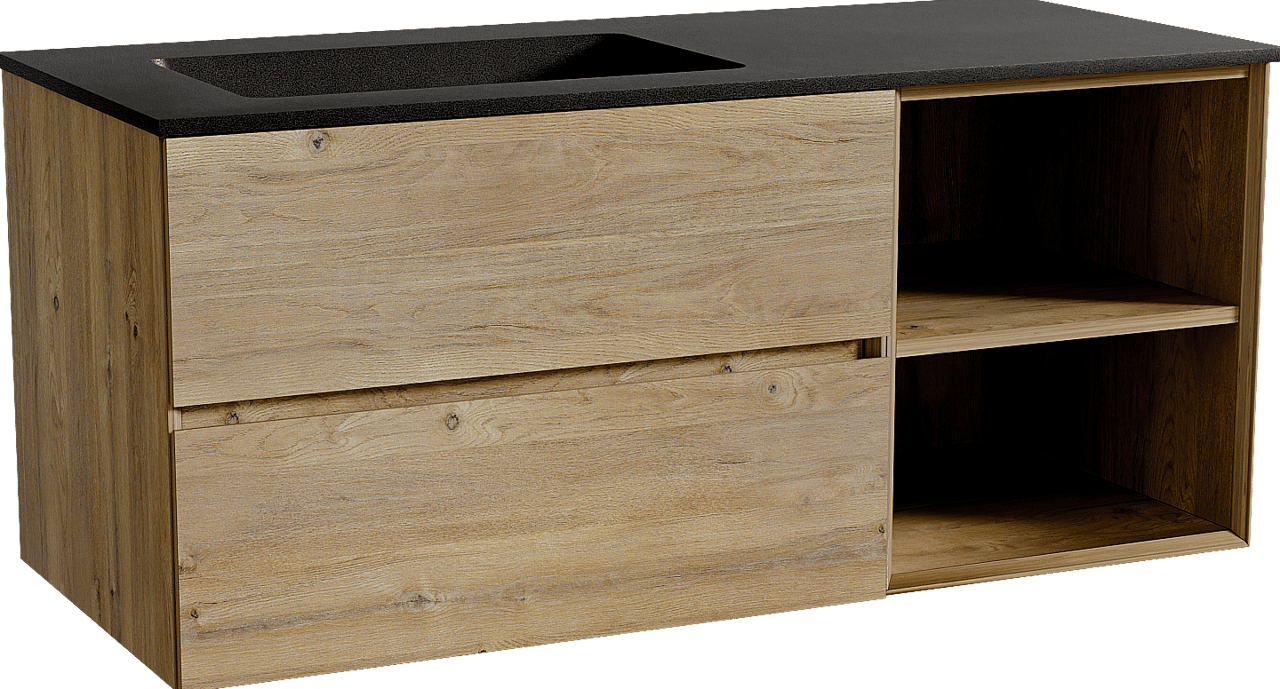 Storke Edge zwevend badmeubel 120 x 52 cm ruw eiken met Scuro asymmetrisch linkse wastafel in kwarts mat zwart