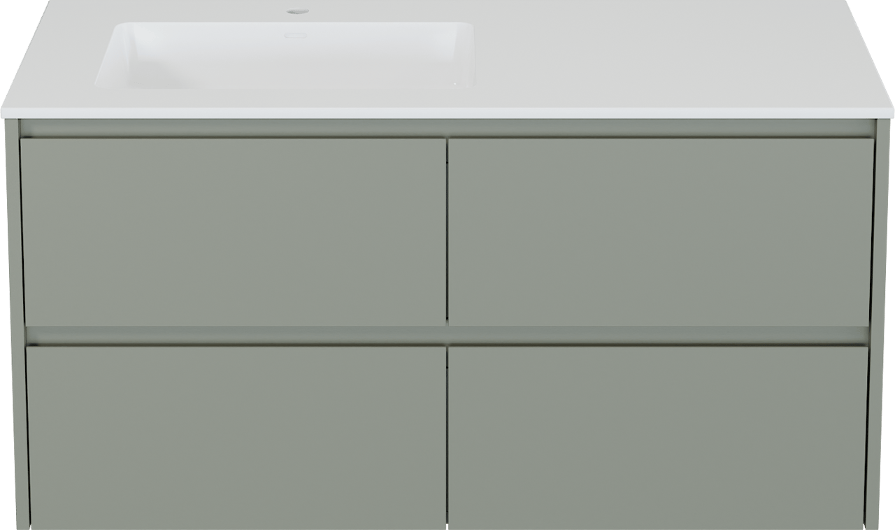 Storke Seda zwevend badkamermeubel 120 x 52 cm zijdegrijs met Bilia asymmetrisch linkse wastafel in composietmarmer glanzend wit
