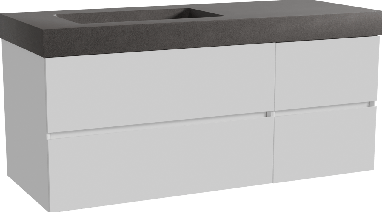 Storke Edge zwevend badkamermeubel 130 x 52 cm glanzend wit met Scuro High asymmetrisch linkse wastafel in kwarts mat zwart
