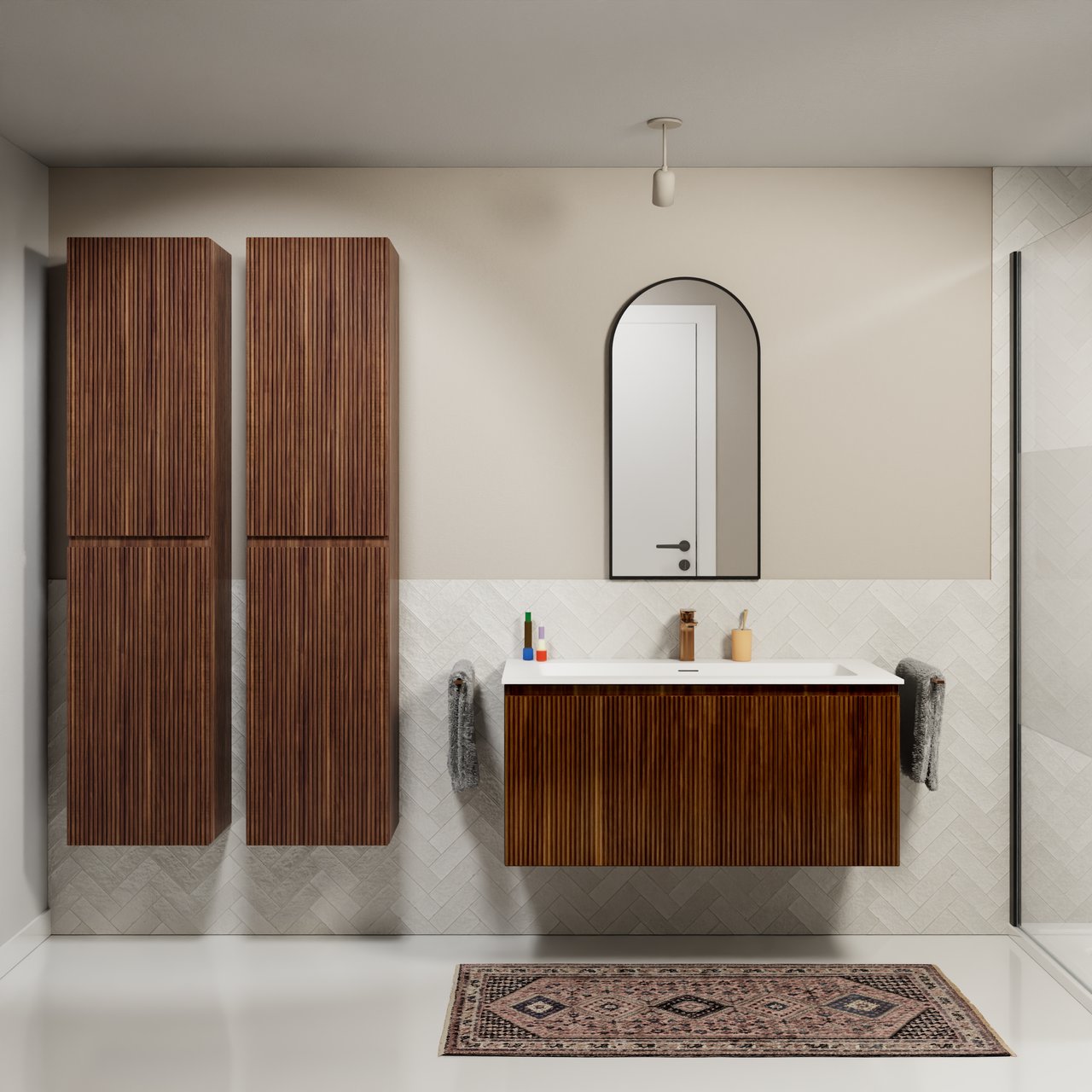 Storke Ribs zwevend badmeubel 105 x 52 cm notenhout met Mata enkele wastafel voor 2 kraangaten in solid surface mat wit, Verticale symmetrische rechte ribbel