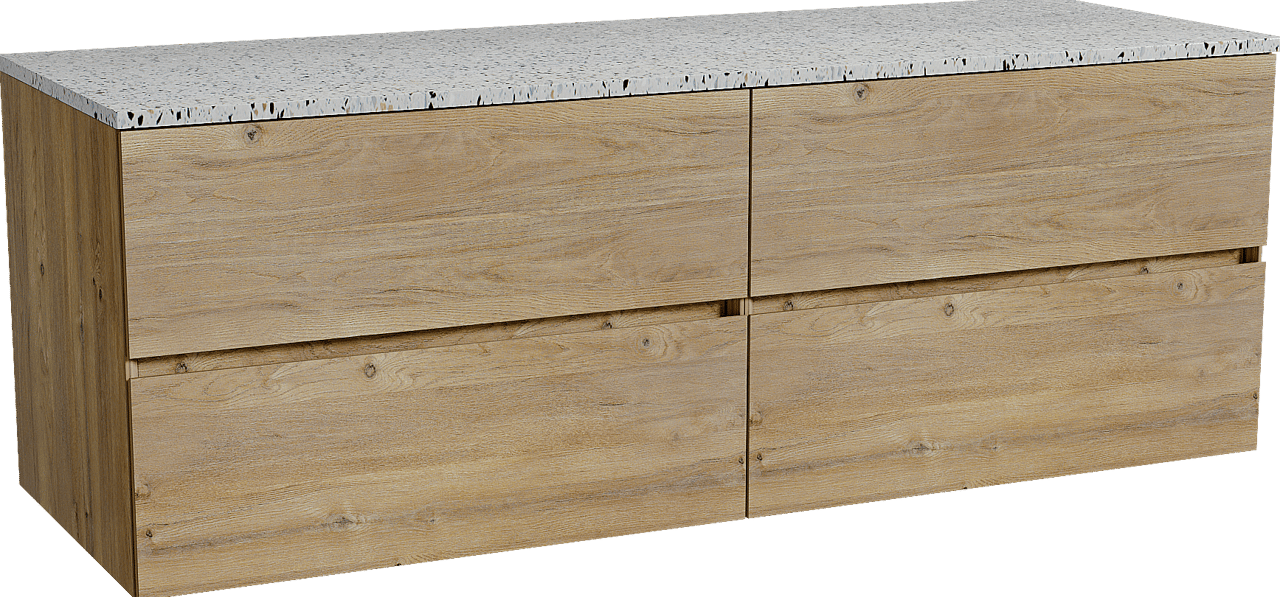 Storke Edge zwevend badkamermeubel 150 x 52 cm ruwe eik met Tavola enkel of dubbel tablet in mat wit/zwart terrazzo