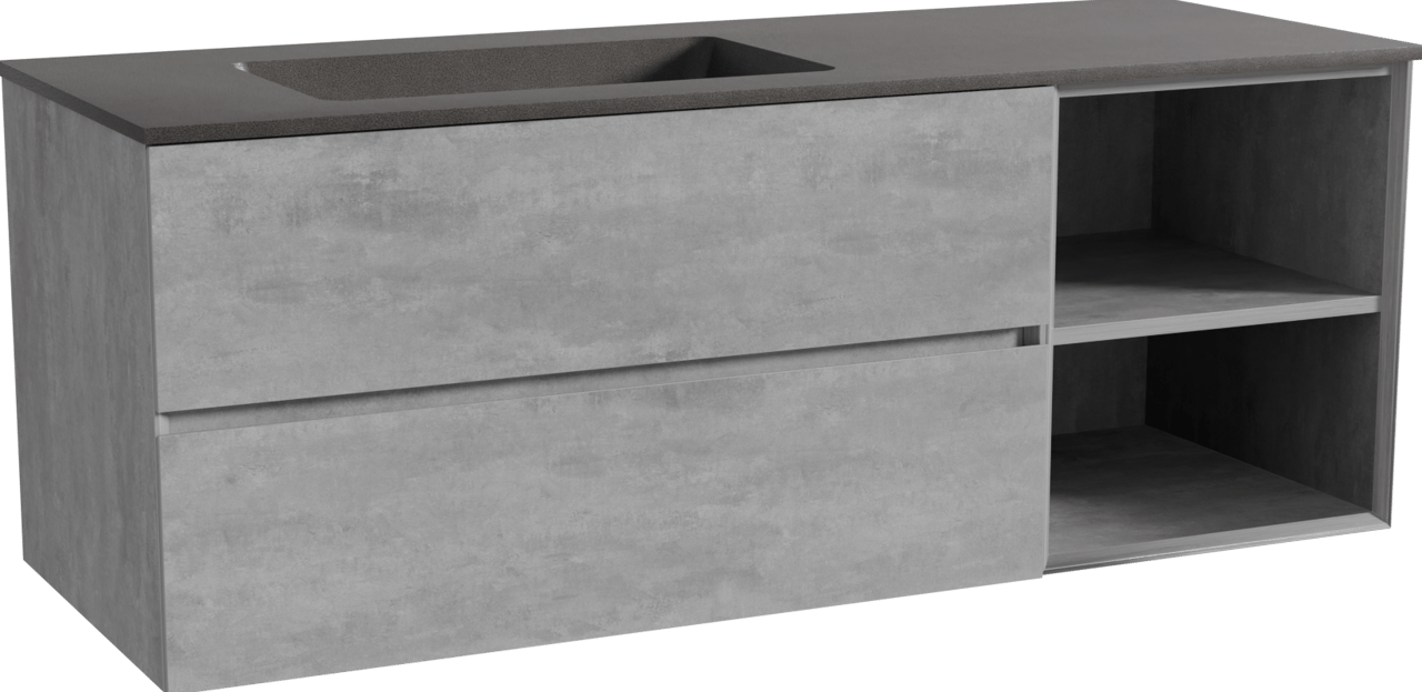 Storke Edge zwevend badmeubel 140 x 52 cm beton donkergrijs met Scuro asymmetrisch linkse wastafel in kwarts mat zwart