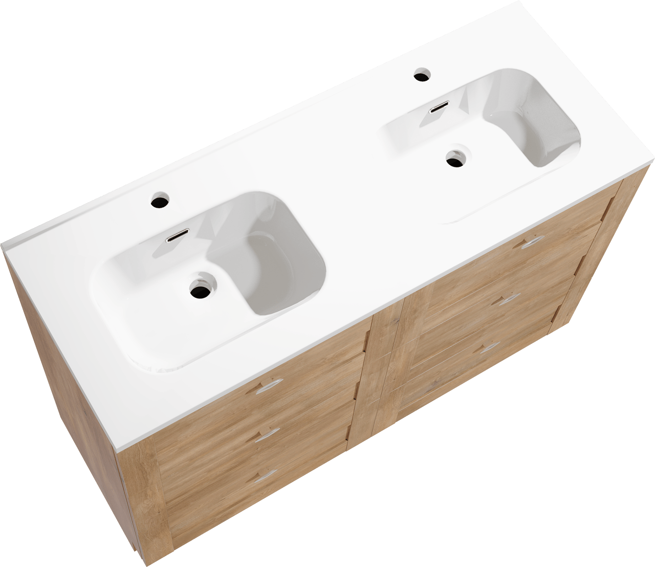 Linie Classo freistehendes Möbelstück Set: 120 x 46 cm, Naturbelassene Eiche, mit Baro Doppelwaschtisch, Porzellan Weiß glänzend