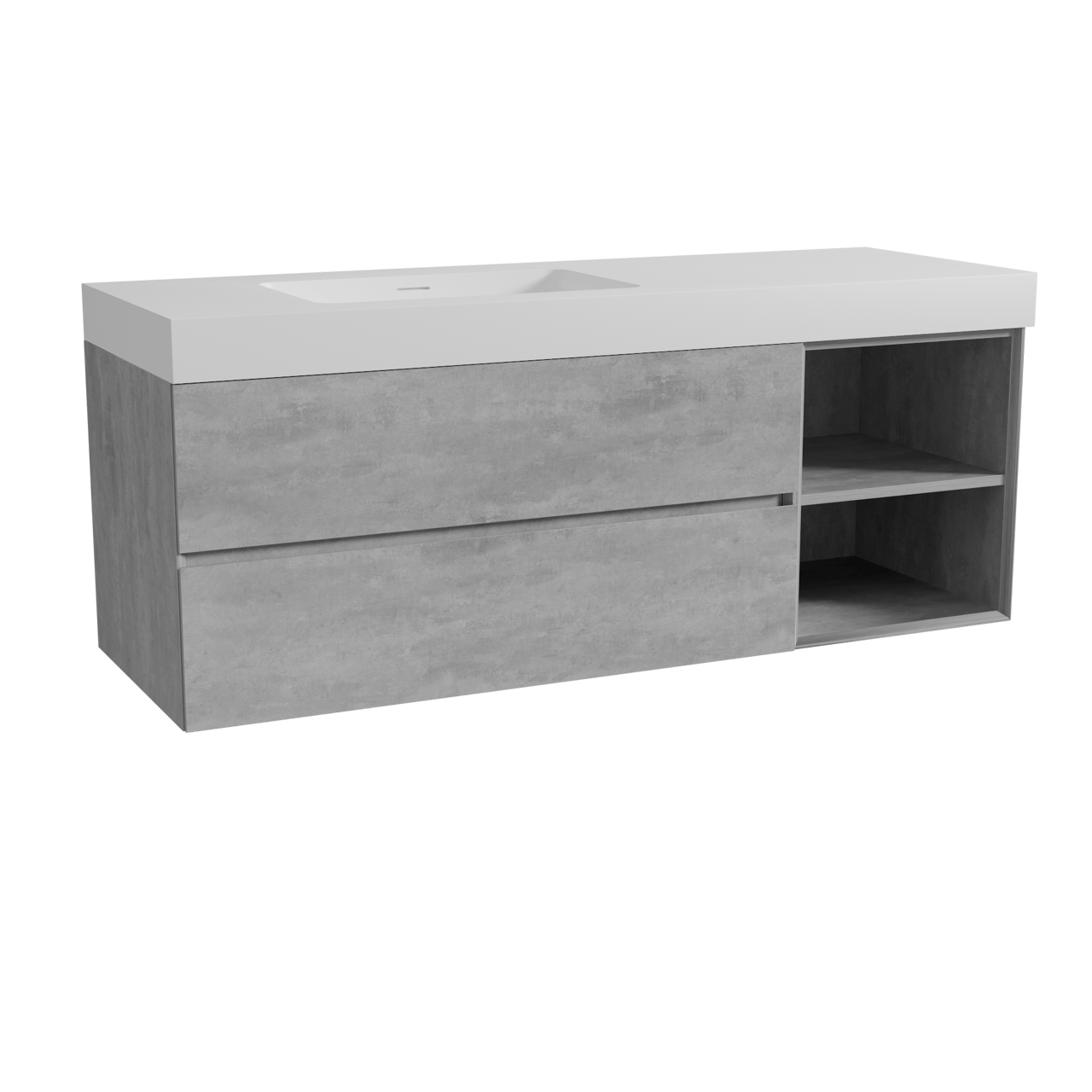 Storke Edge zwevend badmeubel 150 x 52 cm beton donkergrijs met Mata High asymmetrisch linkse wastafel in solid surface mat wit