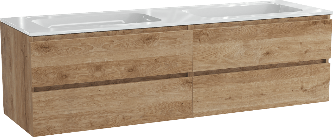 Balmani Lucida zwevend badmeubel 180 x 55 cm ruw eiken met Tablo Strada dubbele wastafel in composietmarmer hoogglans wit