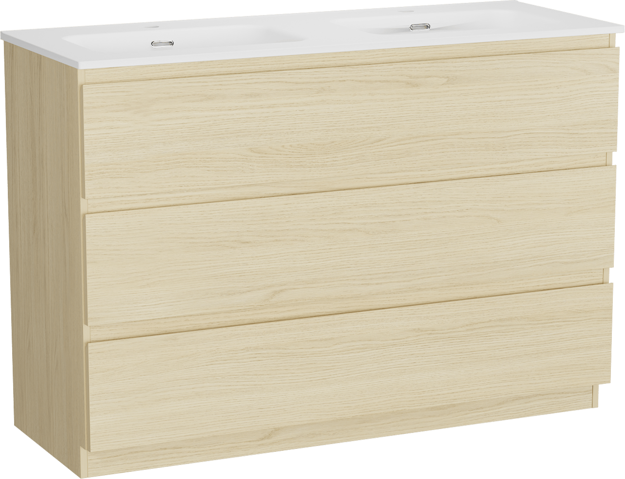 Linie Lado freistehendes Möbelstück Set: 120 x 46 cm, Skandinavische Eiche, mit Baro Doppelwaschtisch, Porzellan Weiß matt