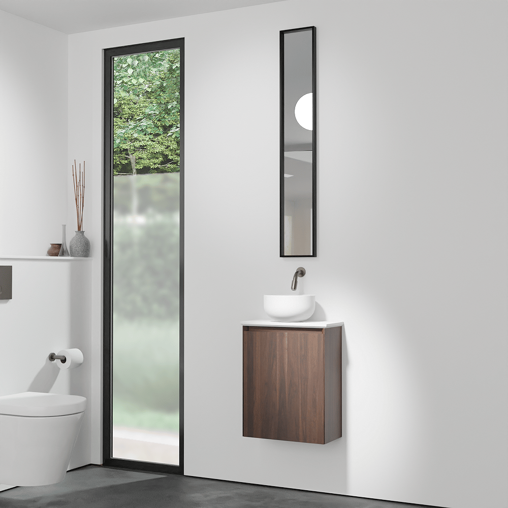 Balmani Mitra meuble wc suspendu 42 x 21 cm noyer américain avec Facetta tablette et Bowl vaque à poser en Solid Surface mat