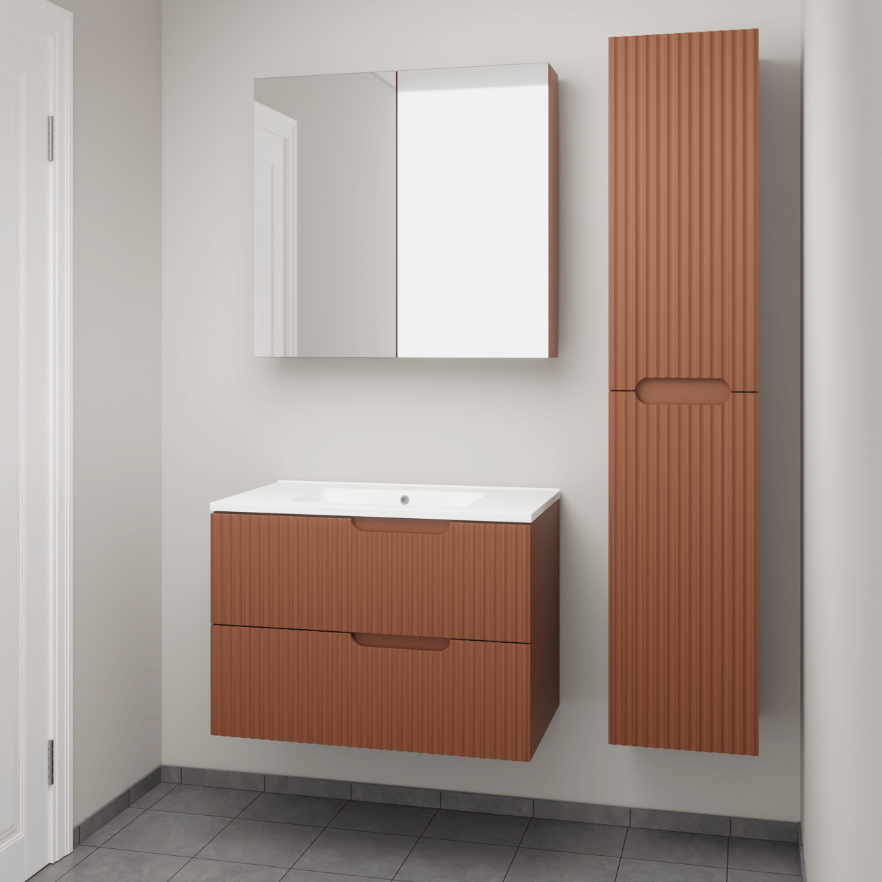 Linie Ribbo zwevend badmeubel 80 x 46 cm cotto met Vano enkele wastafel in composietmarmer mat wit, Verticale symmetrische ronde ribbel, Montro spiegelkast en Ribbo kolomkast