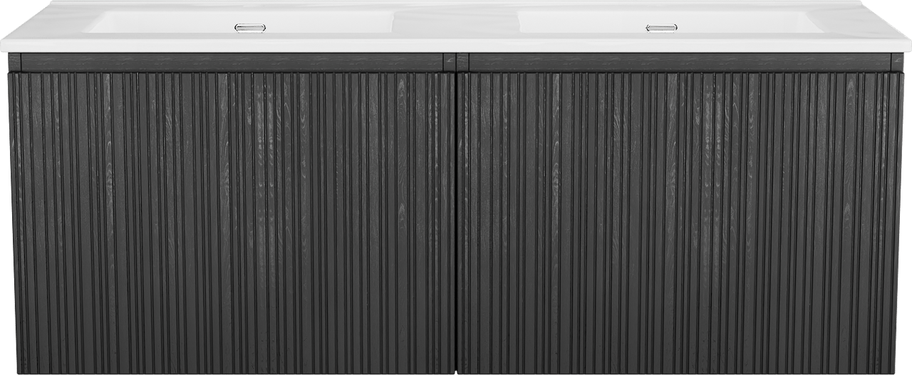 Storke Ribs meuble salle de bains suspendu 130 x 52 cm chêne noir avec Kera double vasque en porcelaine blanc brillant, Nervure droite asymétrique verticale, bondes incluses