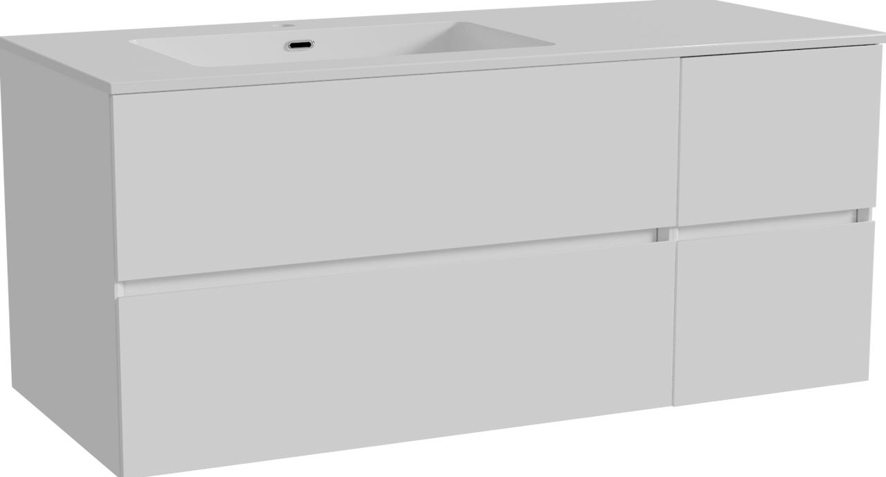 Storke Edge meuble salle de bains suspendu 120 x 52 cm blanc brillant avec Diva plan vasque asymétrique à gauche en marbre composite blanc brillant