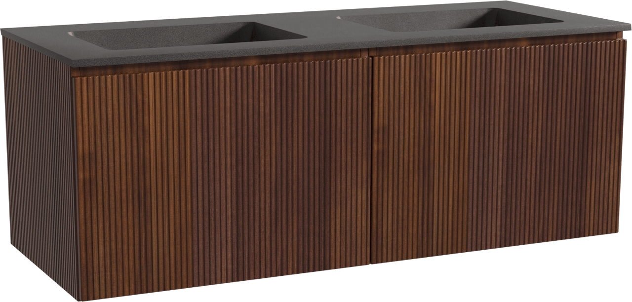 Storke Ribs zwevend badmeubel 130 x 52 cm notenhout met Scuro dubbele wastafel in kwarts mat zwart, Verticale symmetrische rechte ribbel