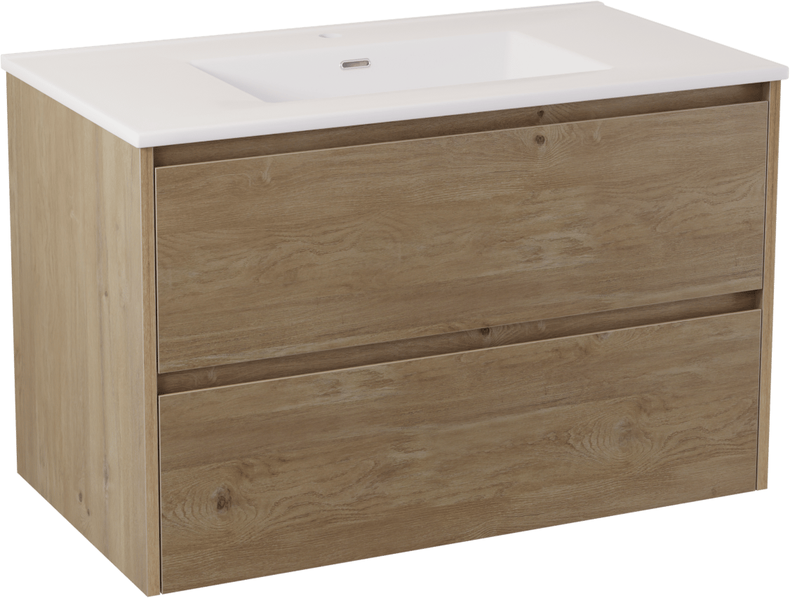 Storke Seda meuble salle de bains suspendu 95 x 52 cm chêne brut avec Kera double vasque en céramique blanc brillant, bonde incluse