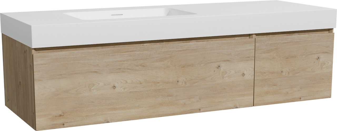 Storke Edge zwevend badmeubel 150 x 52 cm ruw eiken met Mata High asymmetrisch linkse wastafel in solid surface mat wit