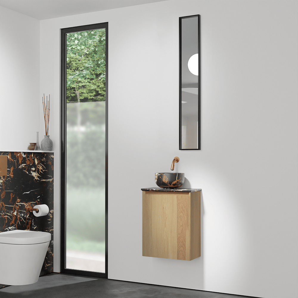 Balmani Mitra meuble wc suspendu 42 x 21 cm chêne naturel avec Facetta tablette et Bowl vaque à poser en marbre Portoro Gold