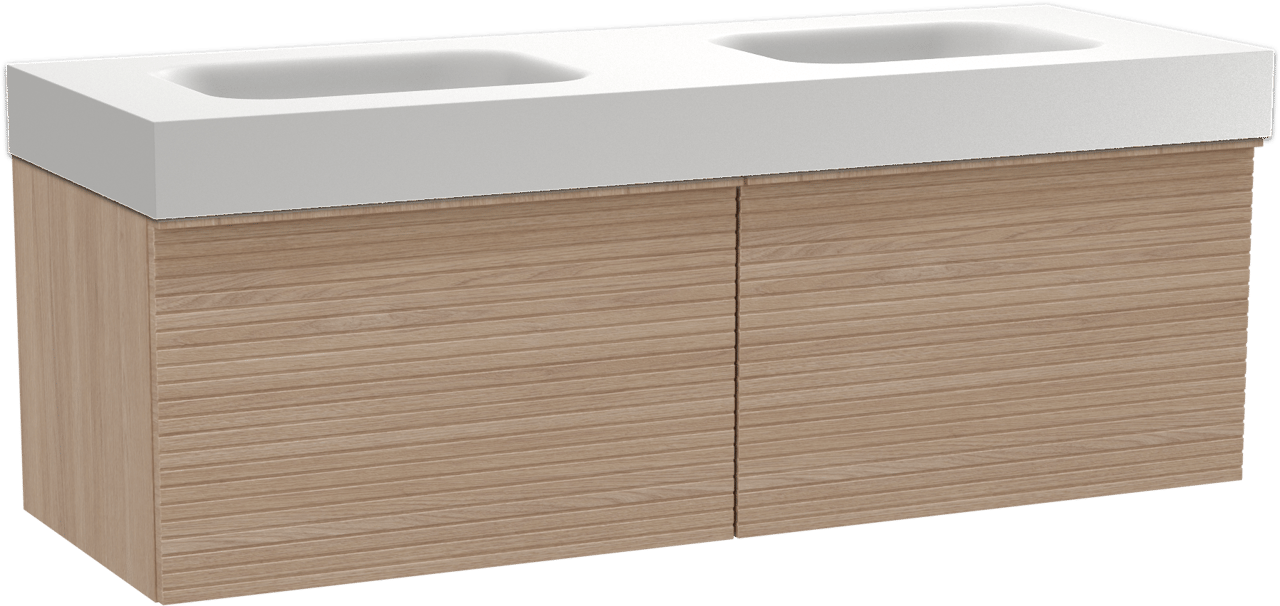 Balmani Forma zwevend badkamermeubel 150 x 55 cm natuur eik met Arcato dubbele wastafel in solid surface mat wit, Horizontale symmetrische rechte ribbel