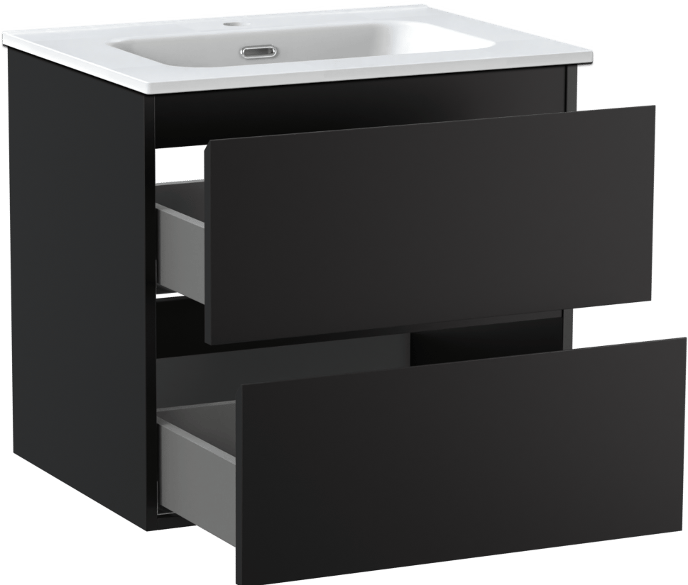 Linie Lado meuble salle de bains suspendu 60 x 46 cm noir mat avec Baro plan simple en porcelaine blanc mat