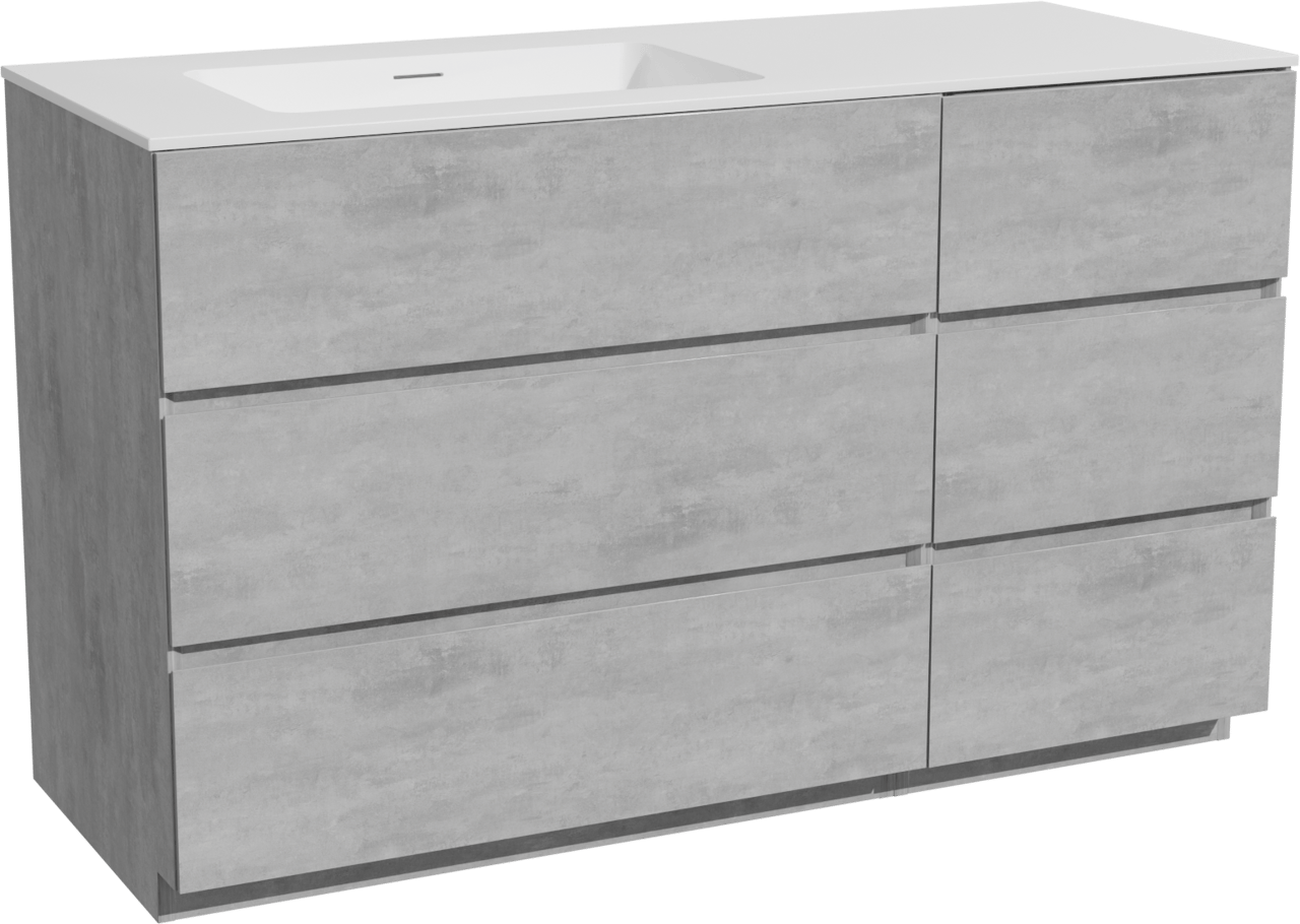 Storke Edge staand badkamermeubel 130 x 52 cm beton donkergrijs met Mata asymmetrisch linkse wastafel in solid surface mat wit